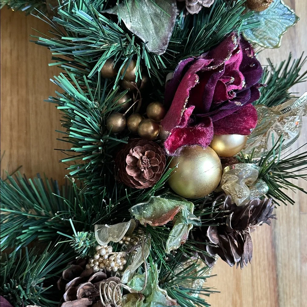 Handcrafted Gold and Wine Red Holiday Wreath